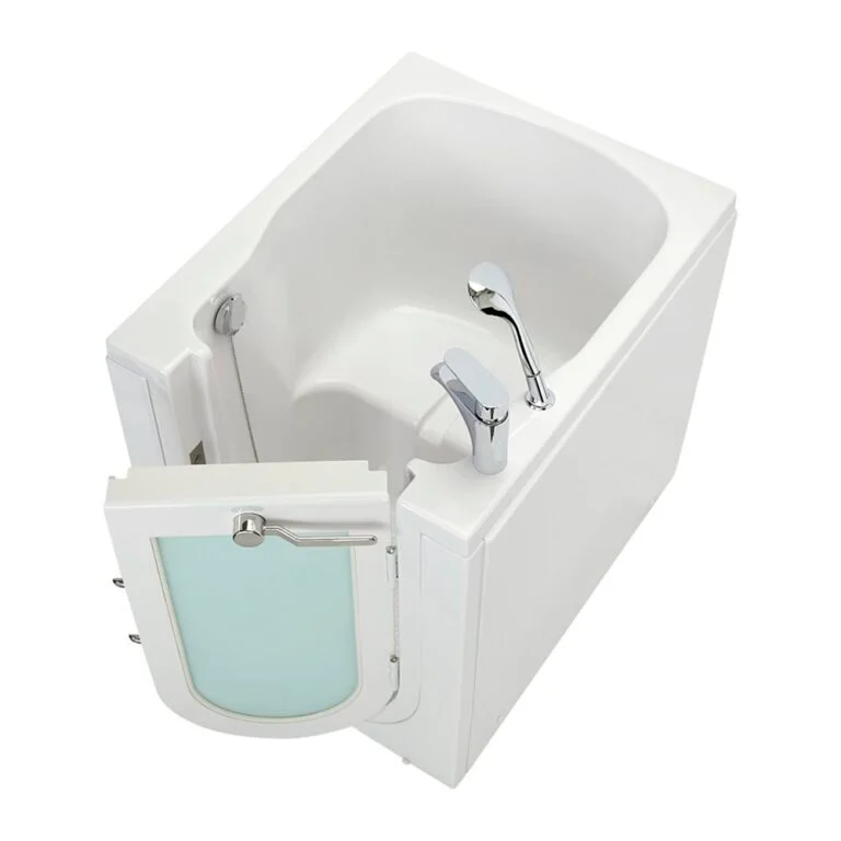 Front-entry walk-in tub with an outward-swing door and molded seat